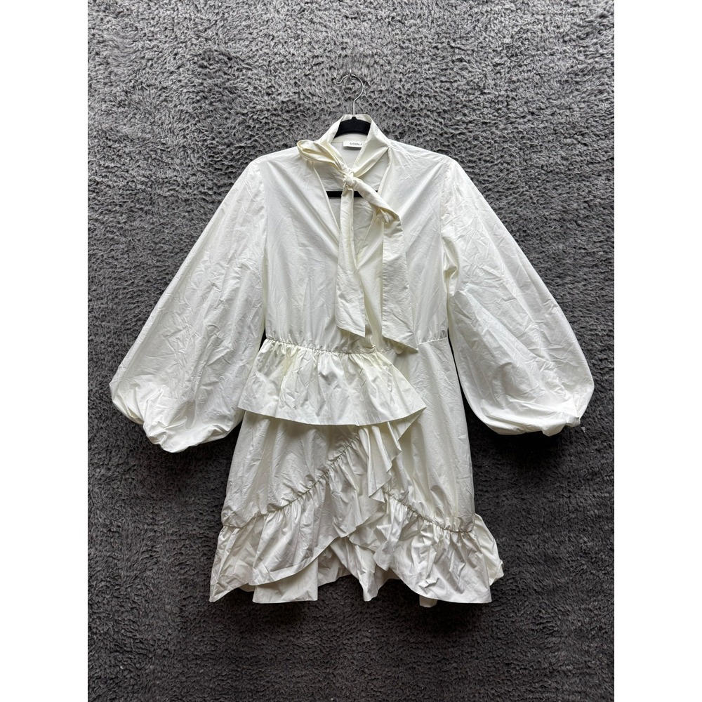 Goen.J Nylon Blend Bow Ruffle Tiered Balloon Sleeve Mini Dress White Size 6 US
